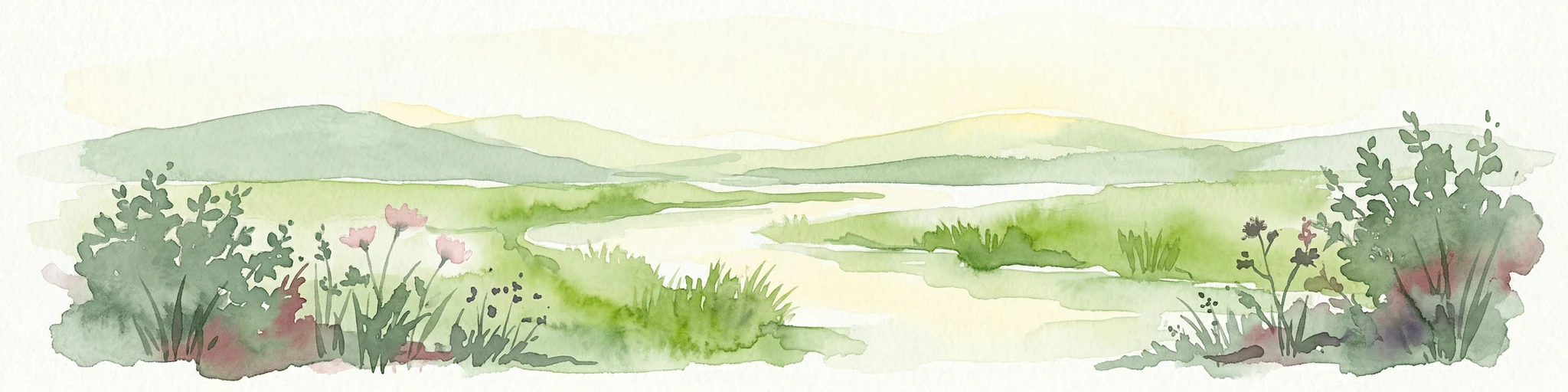 Ilustración en acuarela de un paisaje con montañas, un río, pradera y vegetación