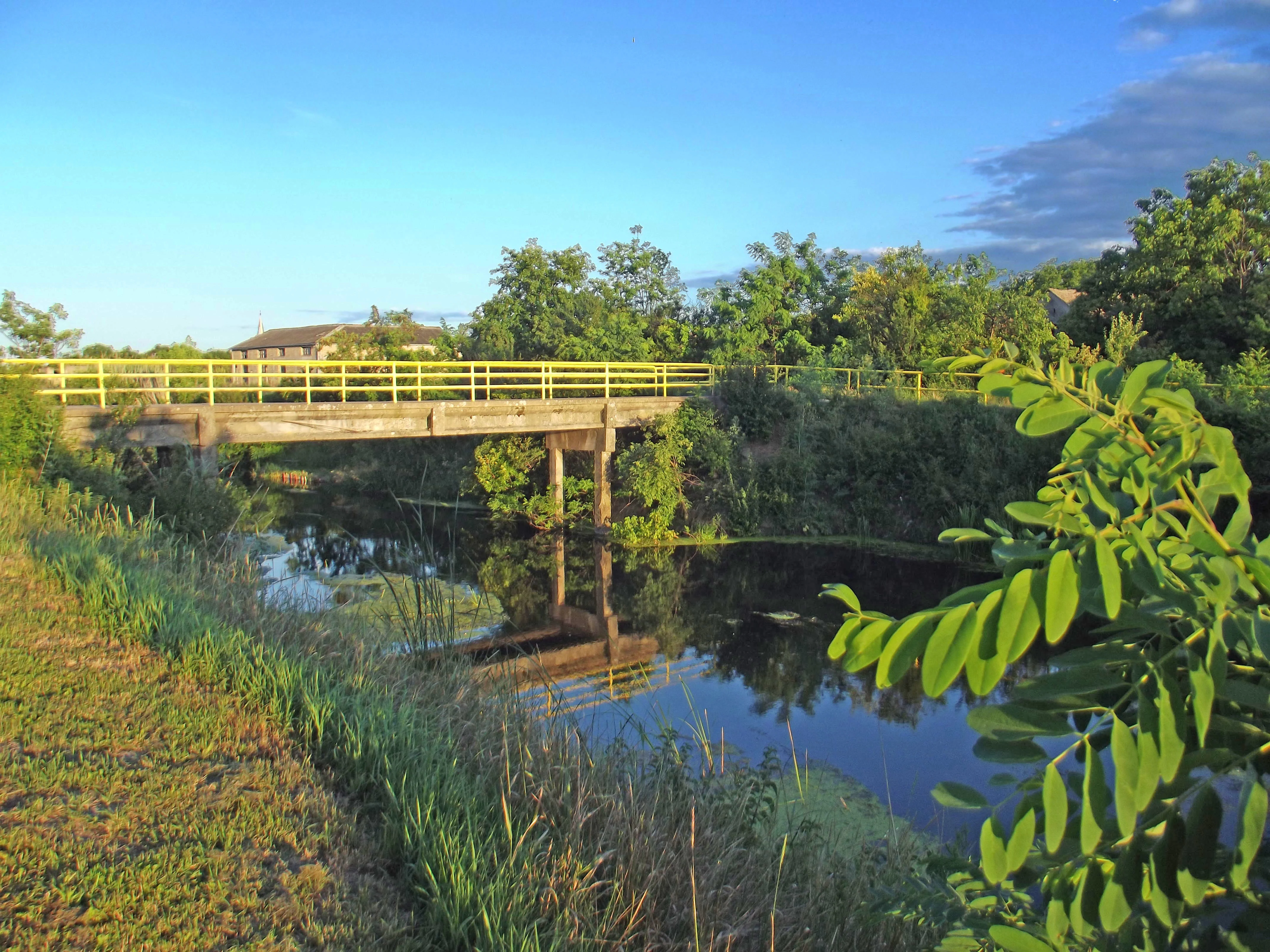 A wooden bridge with yellow railings spans a calm body of water, surrounded by green vegetation and trees under a clear blue sky