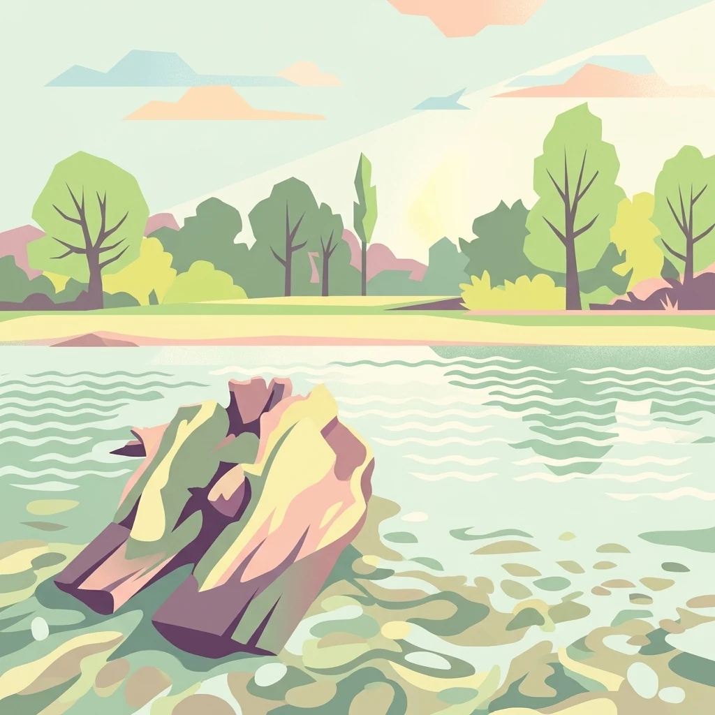 A stylized flat-color digital illustration of a forest scene, featuring a small pond in the foreground with a piece of driftwood and trees against a soft, light-colored sky in the background.