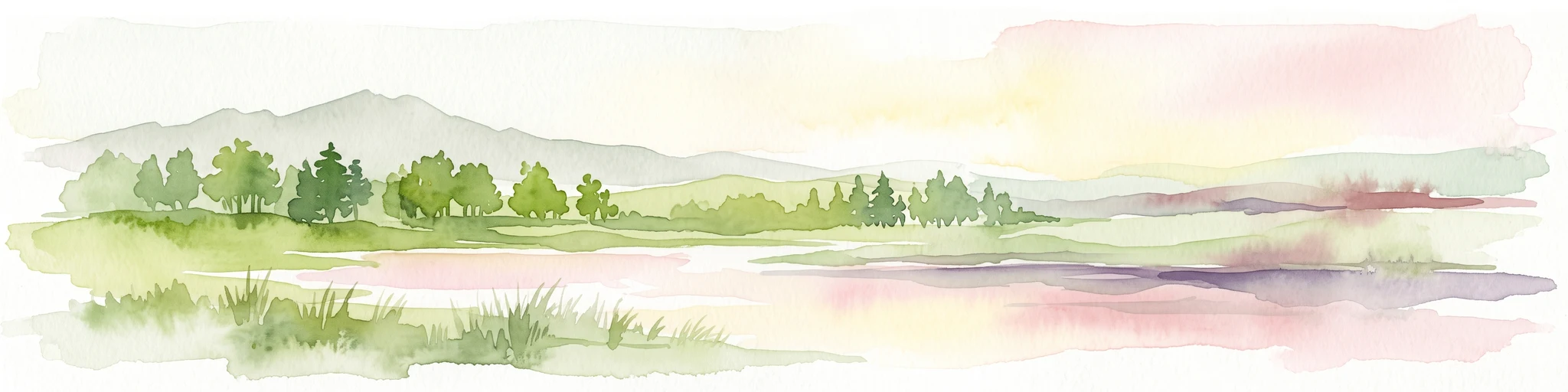 A soft watercolor painting of a green landscape with trees, rolling hills, and a body of water under a light sky.