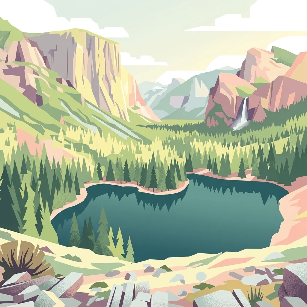 A digital illustration of an alpine lake surrounded by evergreen trees, towering mountain cliffs, and a small waterfall on the right, under a pale sky.