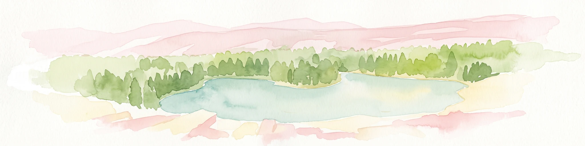 Watercolor painting of a lake bordered by a coniferous forest with mountain silhouettes in the distance.