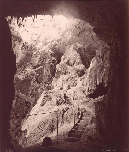 A vintage sepia-toned photograph looking into the Nettle Cave, featuring large limestone rock formations and stone stairs with a thin metal handrail leading upward toward a bright cave entrance.