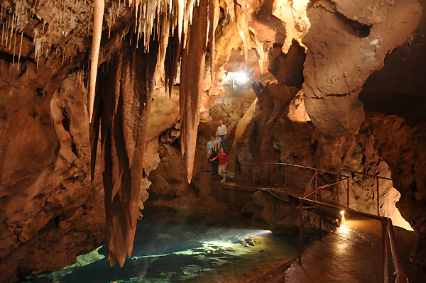A group of people standing on a railed walkway inside a dimly lit limestone cave featuring large hanging stalactites and a clear pool of water below.