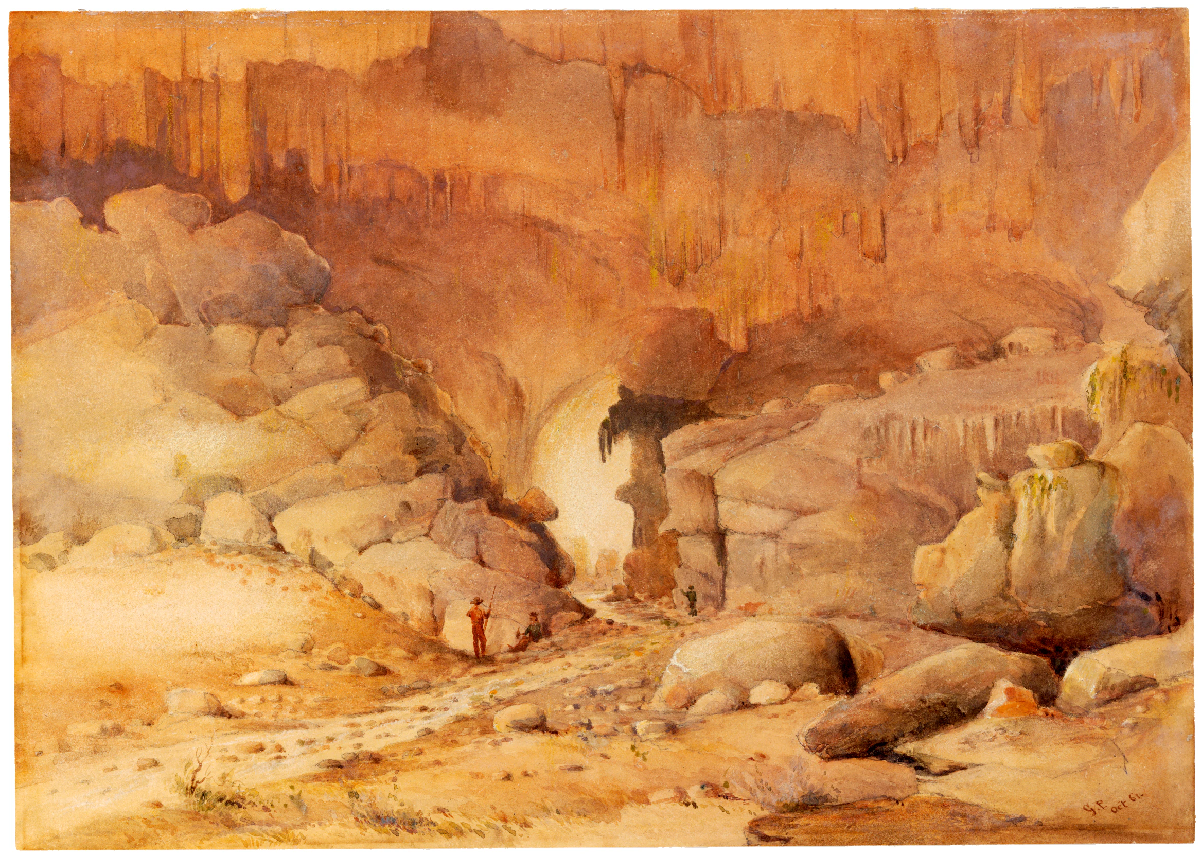 A sepia-toned watercolor illustration showing a large, naturally formed stone archway in a rocky canyon landscape, with tiny figures of people standing at the base to provide scale.