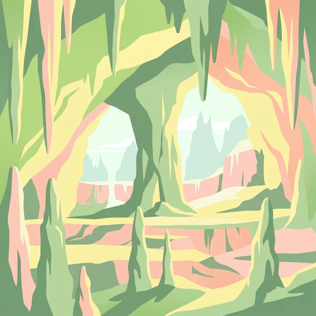 A stylized digital illustration of a cave interior featuring hanging stalactites and rising stalagmites in soft tones of green, yellow, and peach.