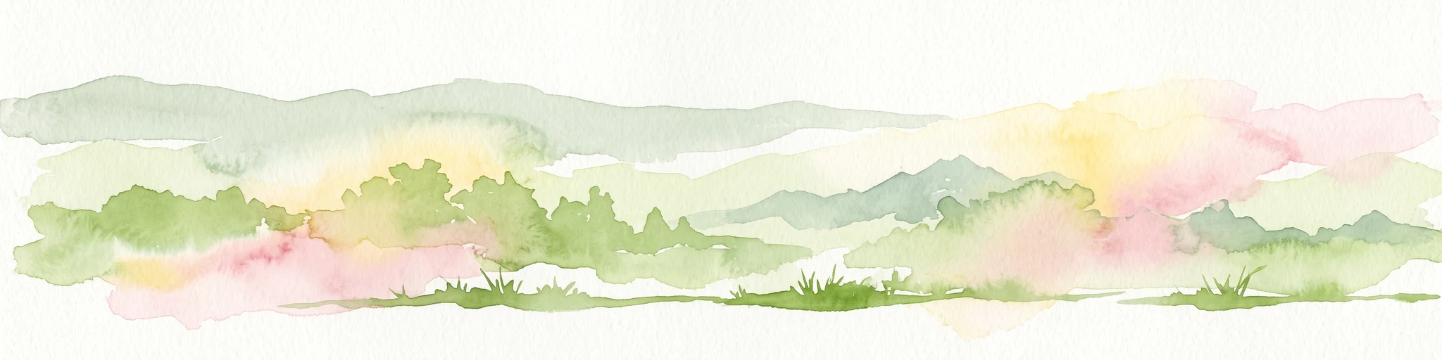 A horizontal watercolor painting showing layers of rolling hills in shades of green, yellow, and soft pink against a white background.