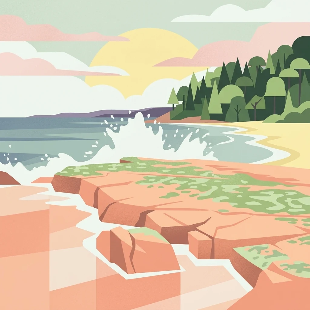 A flat-design illustration showing rocky shoreline in the foreground, crashing waves, a sandy beach, and a forested coastline under a soft sun.