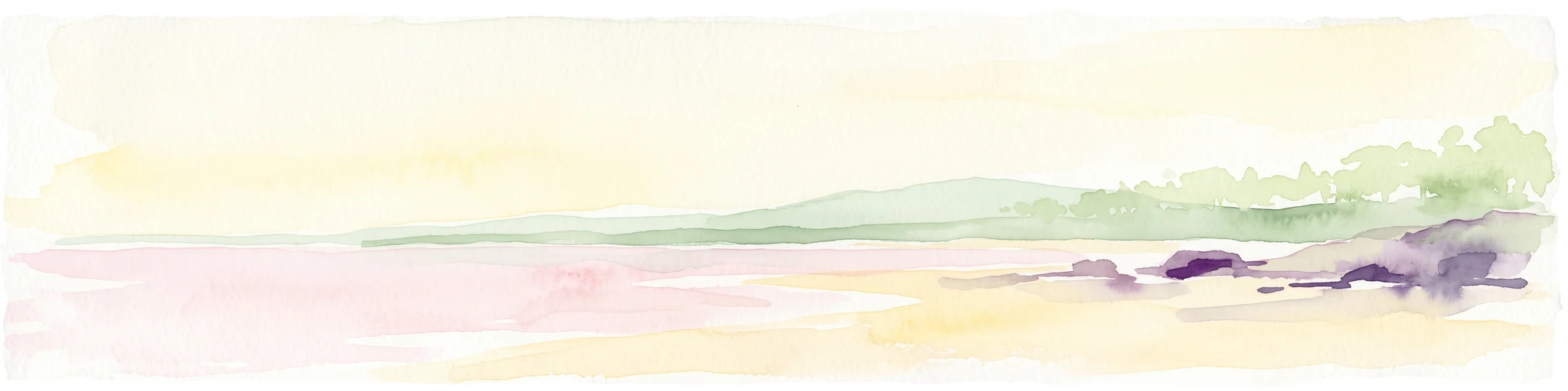 A pale, minimalist watercolor illustration of a calm coastline with soft pink water, sandy shores, and green hills in the distance.