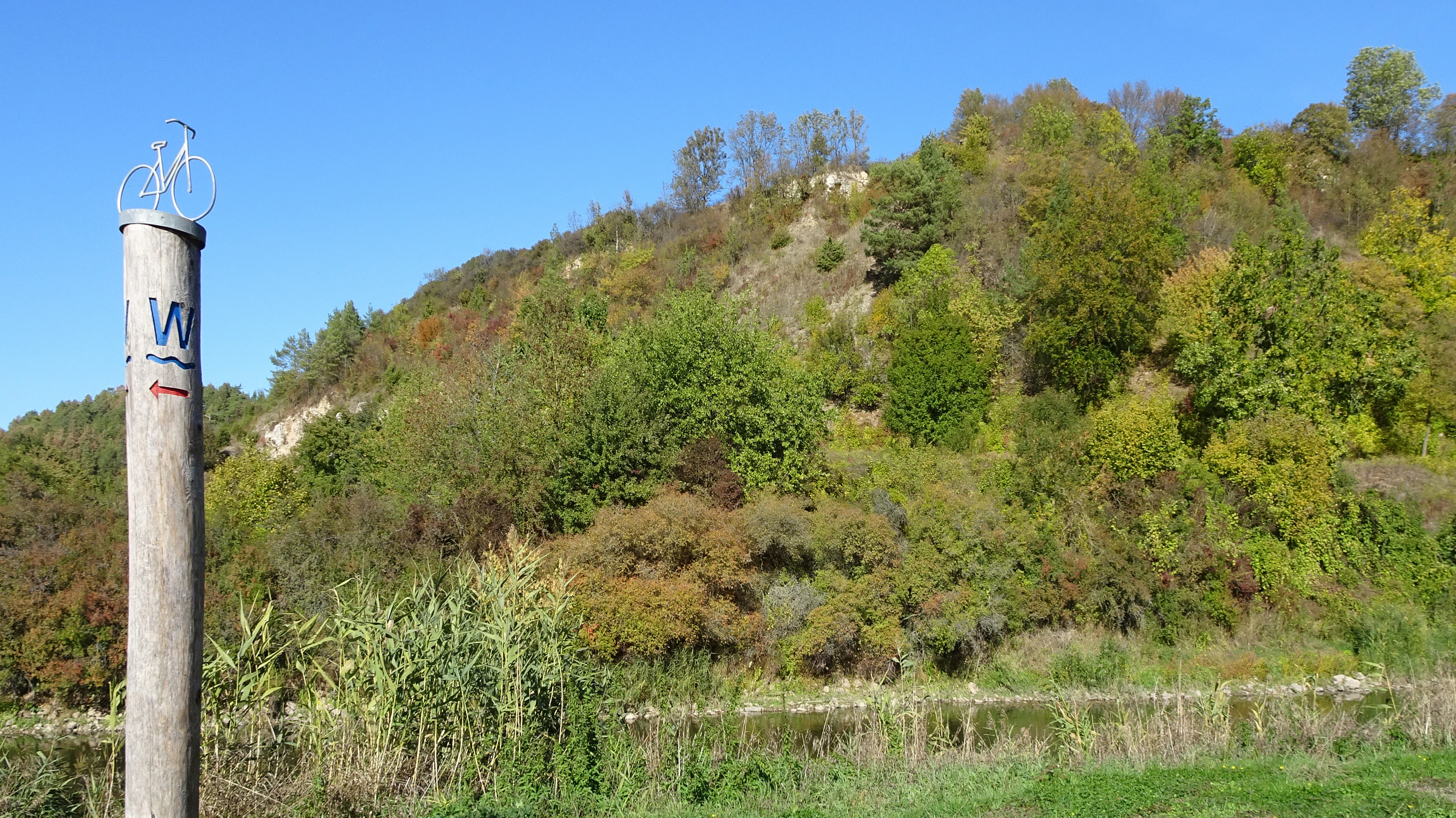 A wooden trail marker post with a bicycle symbol and blue W letter stands in the foreground, with a tree-covered hillside showing rocky outcrops and a river with reeds visible below, under a clear blue sky