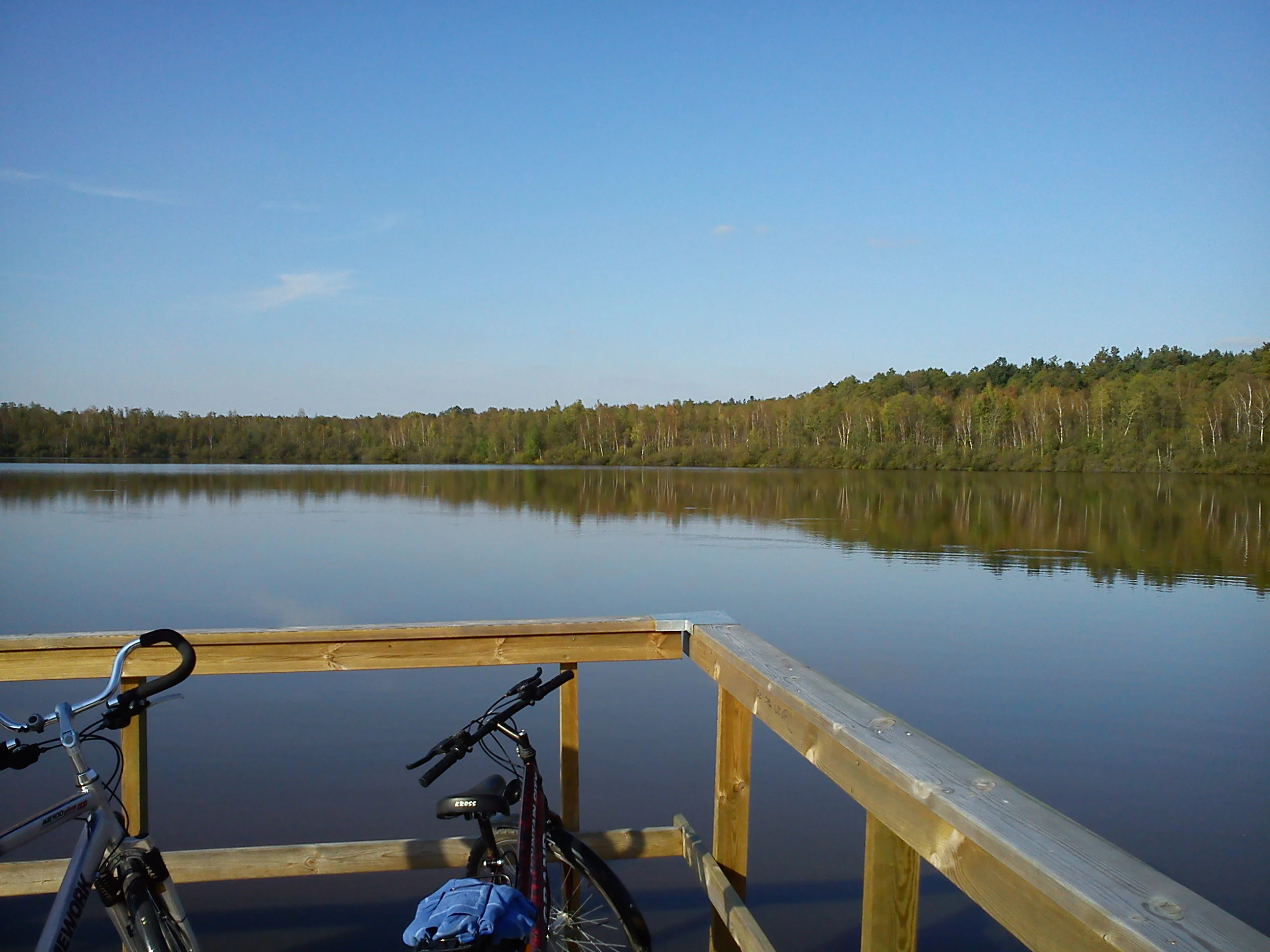 A wooden observation deck railing in the foreground with two parked bicycles, overlooking a still, dark lake surrounded by a dense forest under a clear blue sky.