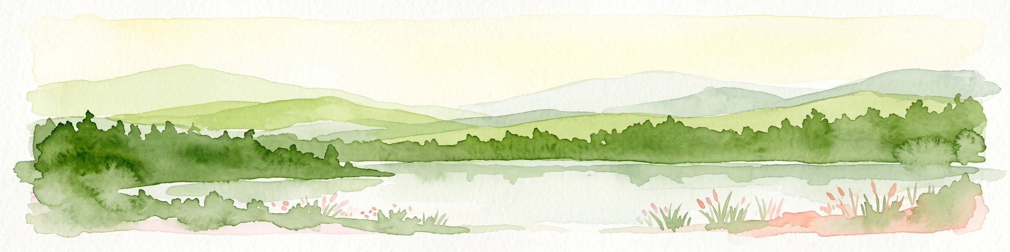 Watercolor painting of a calm lake surrounded by lush green forests and rolling hills in the background under a soft light.
