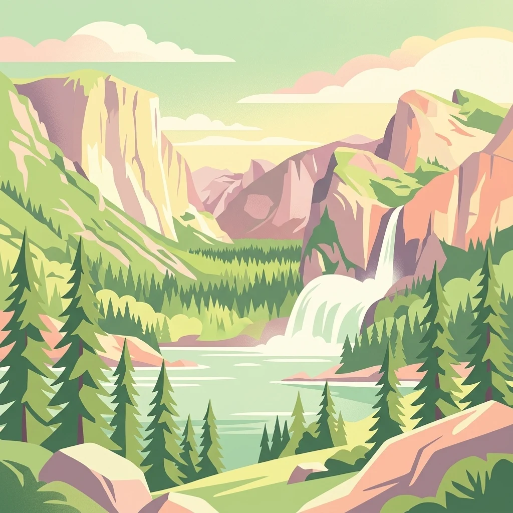 A stylized, flat-design illustration of a mountainous valley with a waterfall cascading into a lake, surrounded by pine trees, set against a soft, pastel-colored sky.