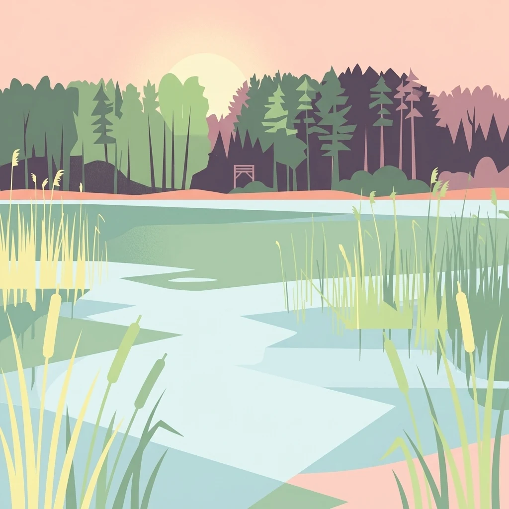 Una ilustración digital de estilo plano que muestra un lago tranquilo con espadañas en primer plano, un bosque denso en el plano medio y un suave atardecer al fondo.
