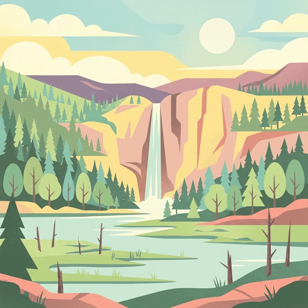 Una ilustración digital de estilo plano que muestra una cascada que fluye hacia un lago tranquilo, con árboles coníferos y caducifolios, colinas onduladas y un sol pálido en el cielo.