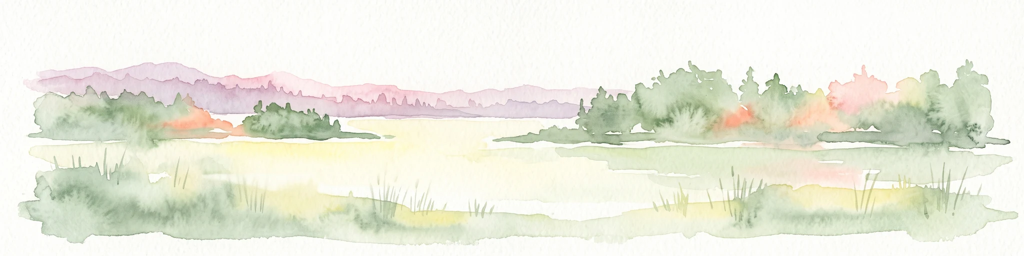 A horizontal watercolor illustration of a lake landscape, featuring soft greens and pinks, showing marshy foreground vegetation, calm water, islands, and a distant treeline.