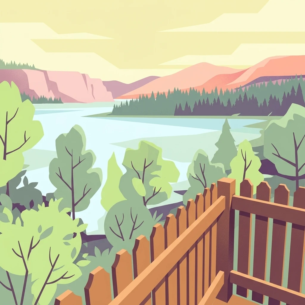 Una obra de arte digital ilustrativa y estilizada que muestra un lago tranquilo rodeado de frondosos bosques verdes y colinas onduladas, visto desde una plataforma de valla de madera.