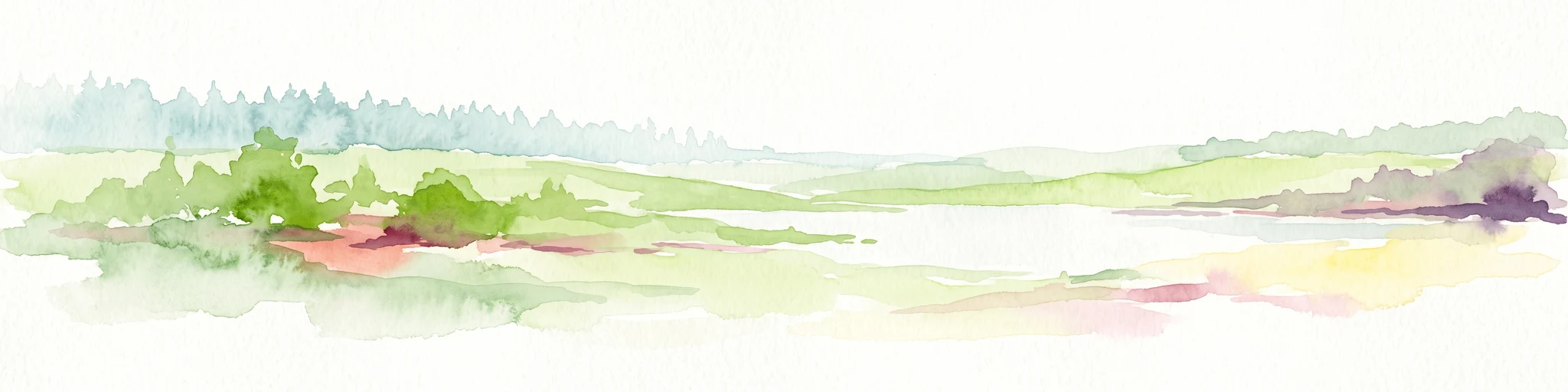 A horizontal watercolor painting depicting a soft, light-filled landscape with grassy fields, scattered shrubs, and a distant tree line across a low horizon, characterized by muted green, yellow, and pastel tones on a white background.