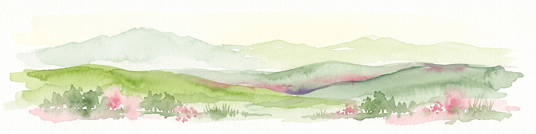 A soft watercolor painting of a mountain landscape with gentle green rolling hills, light green distant peaks, and scattered pink floral accents in the foreground against a white background.