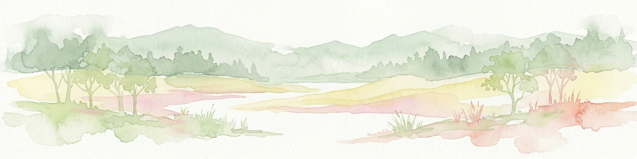Representación en acuarela de un río, árboles y colinas onduladas en un paisaje