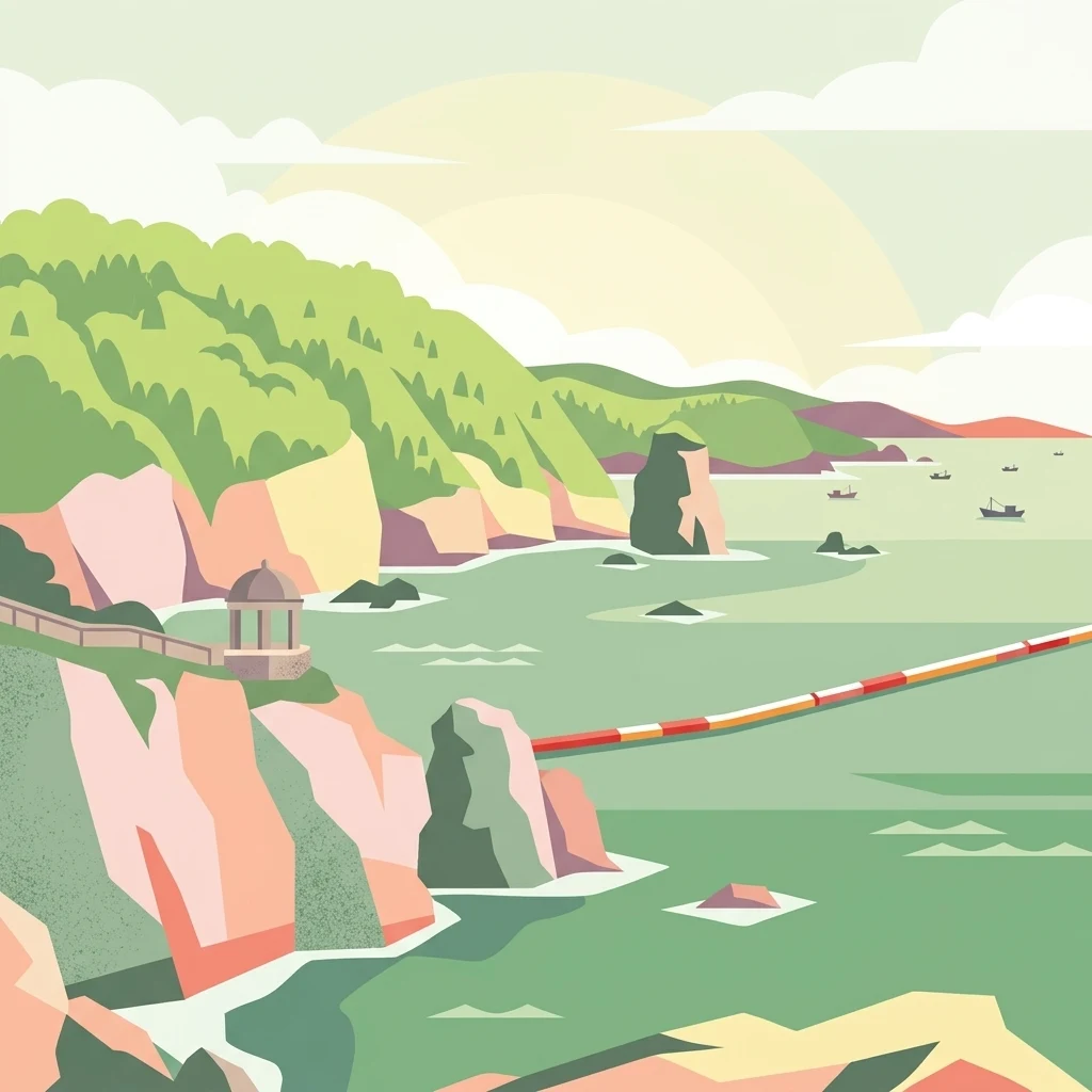 A stylized flat illustration of a coastal cliffside featuring a small gazebo on a lookout point, rocky formations jutting into the green sea, and small boats in the distance.