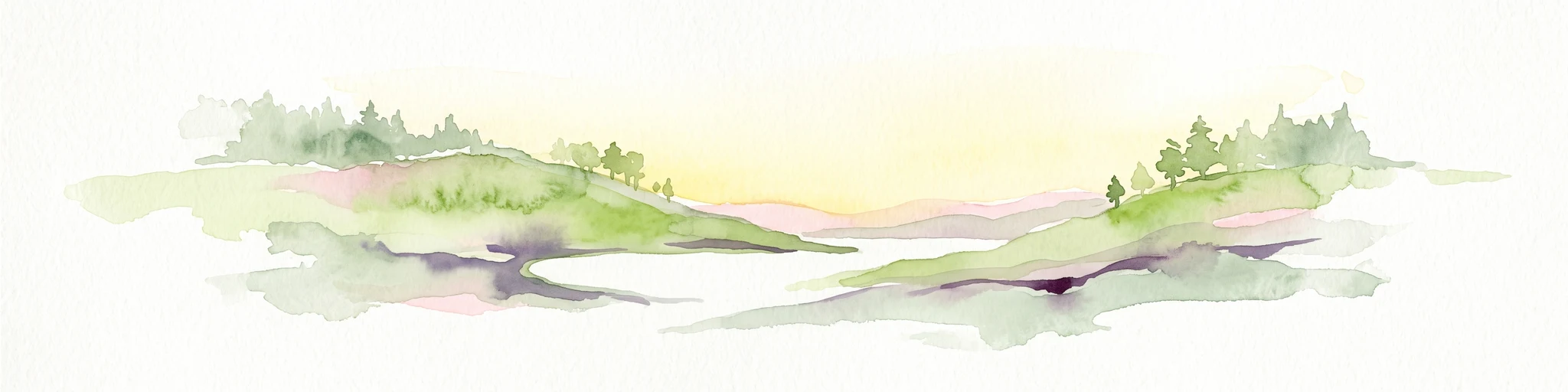 A watercolor illustration of rolling hills with scattered trees under a soft, light-filled sky.