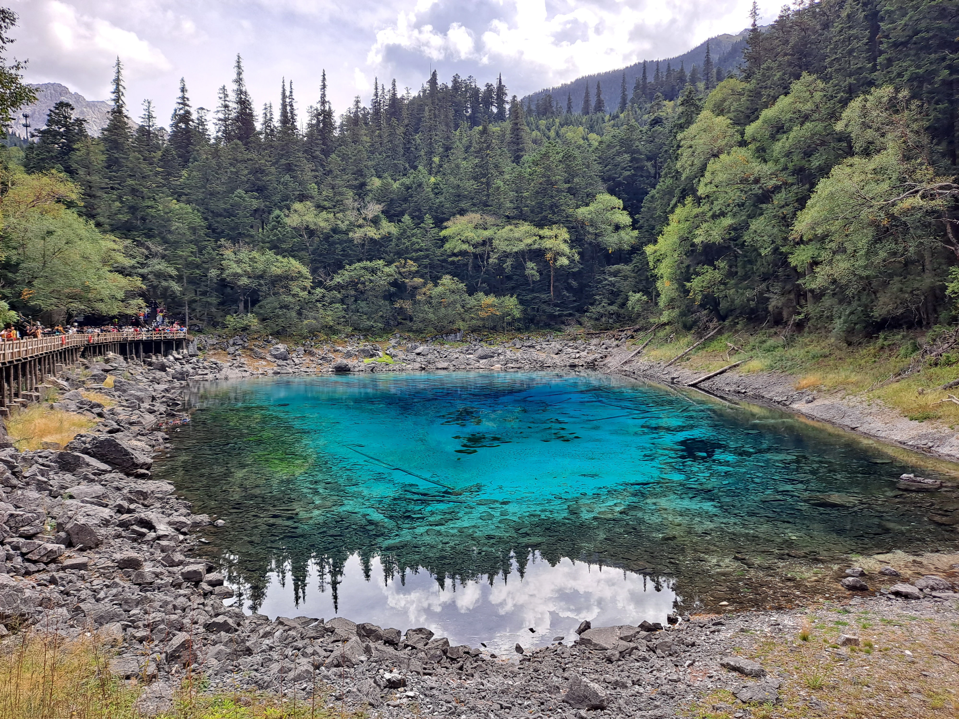 A clear, turquoise-colored pond surrounded by a rocky shore and a dense, green forest under a cloudy sky.