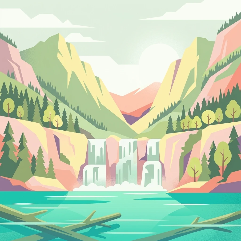 Una ilustración vectorial de estilo plano que representa una cascada escalonada que fluye hacia un lago turquesa, enmarcada por montañas boscosas estilizadas y acantilados.