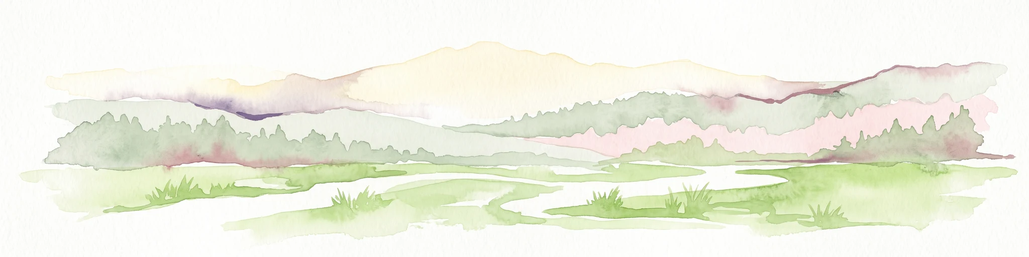 A horizontal watercolor illustration depicting a soft, rolling landscape with green fields, a winding stream, a line of trees, and distant hills against a plain background.