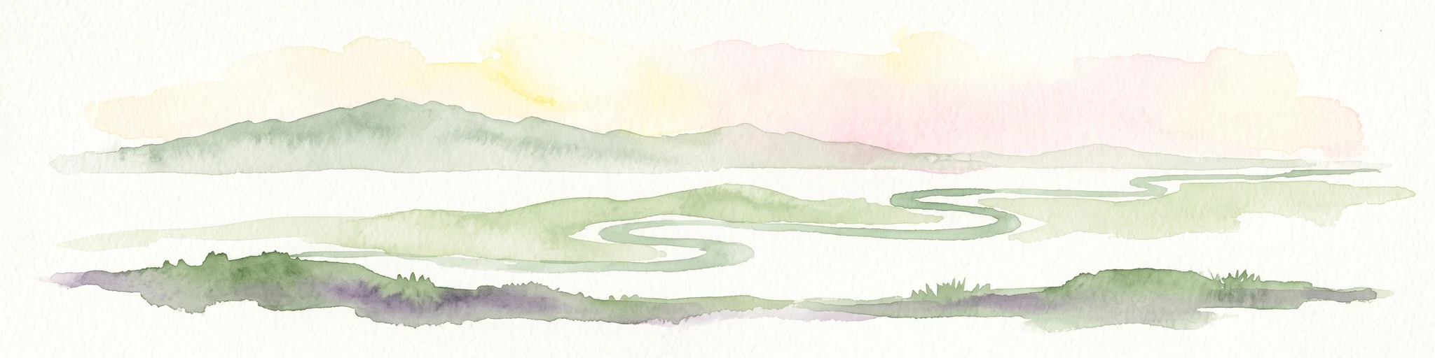Una ilustración minimalista en acuarela que muestra un río serpenteante o un estuario que fluye a través de marismas costeras verdes con suaves colinas al fondo.