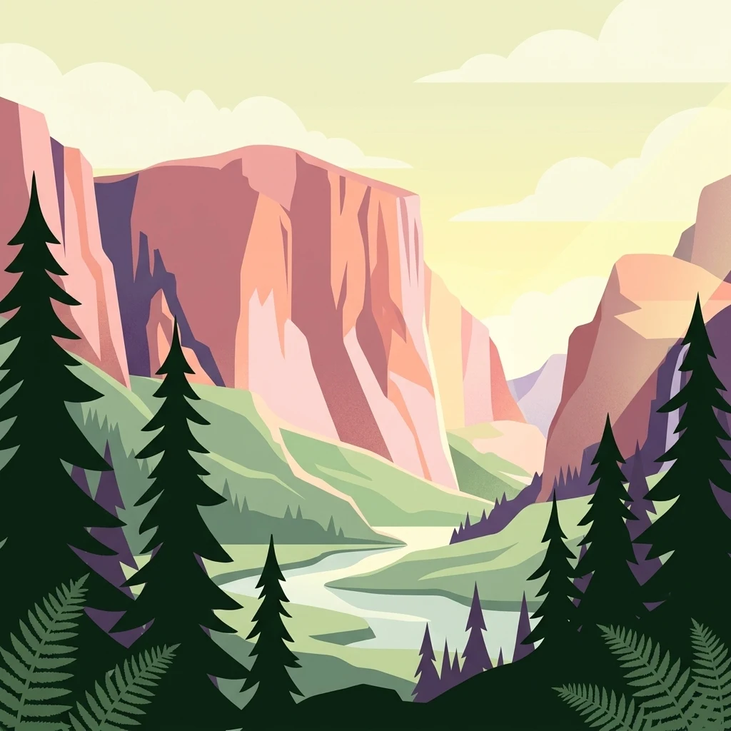 A stylized digital illustration showing a mountain valley landscape with coniferous trees in the foreground, steep cliffs, and a winding river.