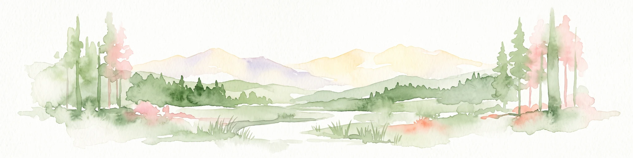 Una pintura minimalista en acuarela que muestra árboles de hoja perenne estilizados, colinas onduladas y montañas lejanas en tonos suaves de verde, rosa y amarillo sobre un fondo blanco.