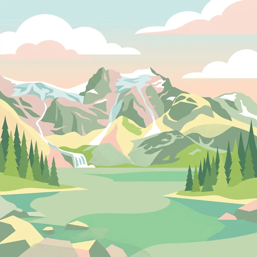 A flat-style vector illustration depicting a turquoise mountain lake with pine trees, waterfalls, and snow-covered peaks in a pastel color palette.