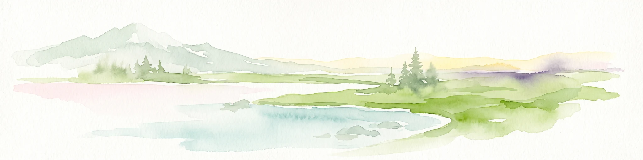 A watercolor illustration of a mountain range behind a calm lake with evergreen trees and grassy banks.