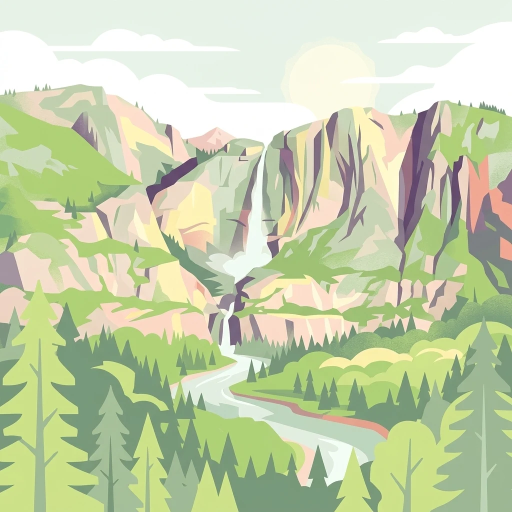 A graphic illustration showing a river winding through a valley beneath steep cliffs and a tall waterfall, surrounded by coniferous forest.