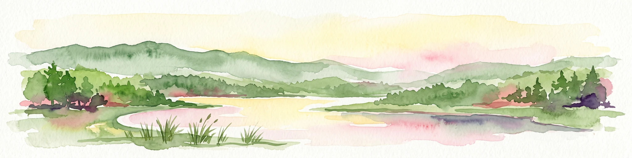 Watercolor painting of a rolling forested landscape with hills and a central water feature, stylized with soft green and peach tones.
