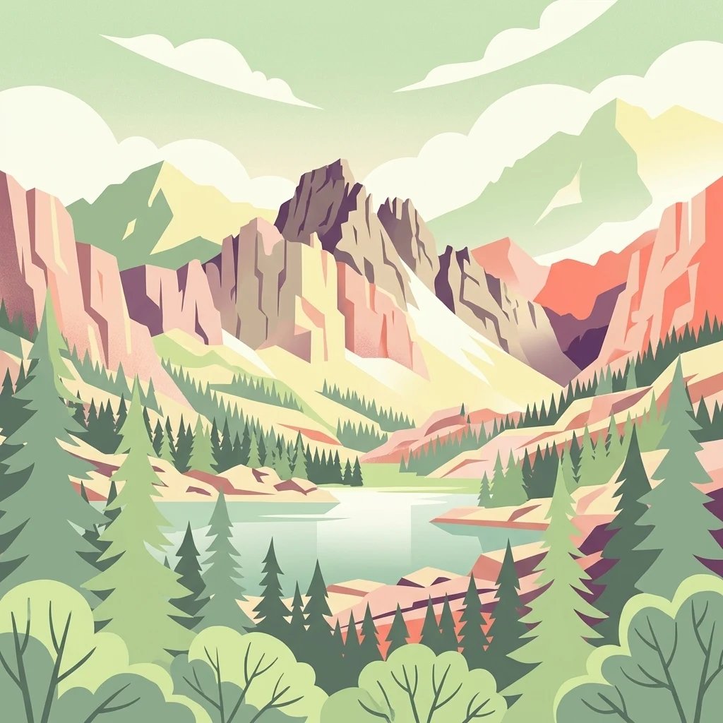 Una ilustración vectorial estilizada con picos montañosos escarpados detrás de un lago tranquilo, rodeado de un bosque de coníferas bajo un cielo suave.