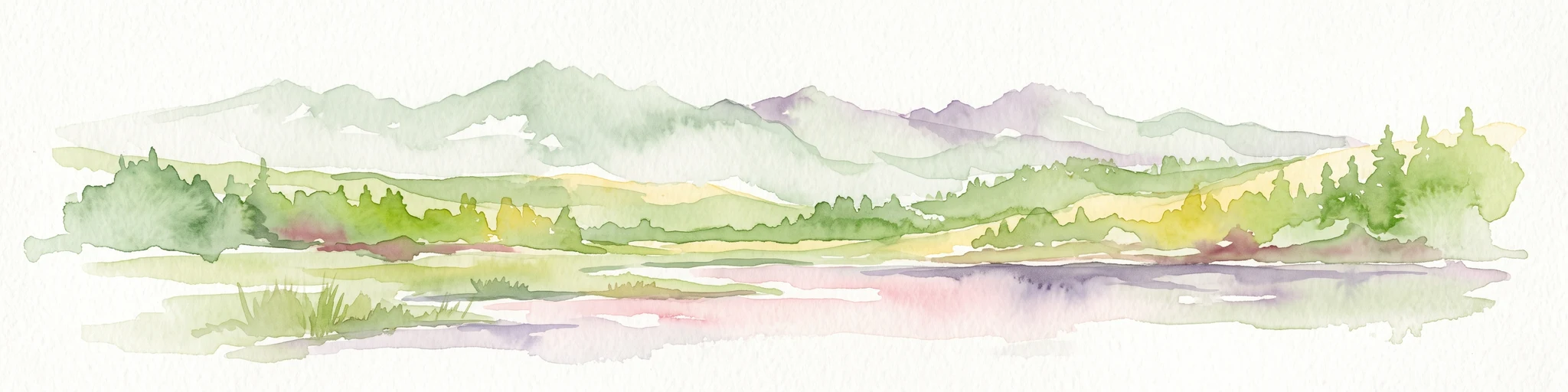 A watercolor painting showing a panoramic view of mountain ranges, a treeline, and a calm body of water in the foreground.