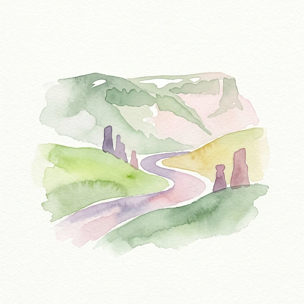 Ilustración en acuarela de un sendero sinuoso a través de colinas verdes con formaciones rocosas