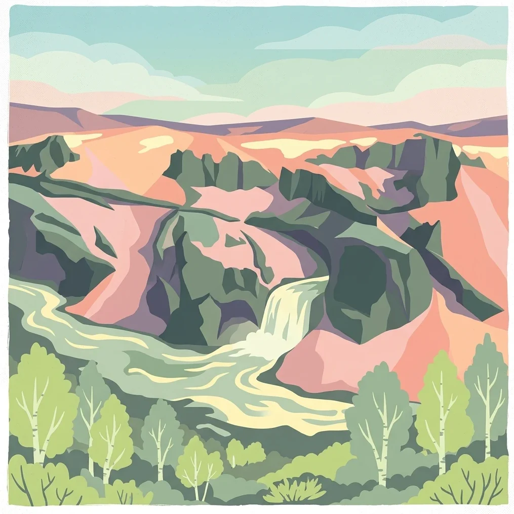 Ilustración estilizada de un cañón con una cascada, río serpenteante y árboles y montañas circundantes