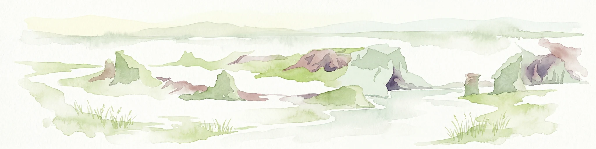 Ilustración en acuarela que muestra un valle fluvial con colinas y tiendas de campaña.