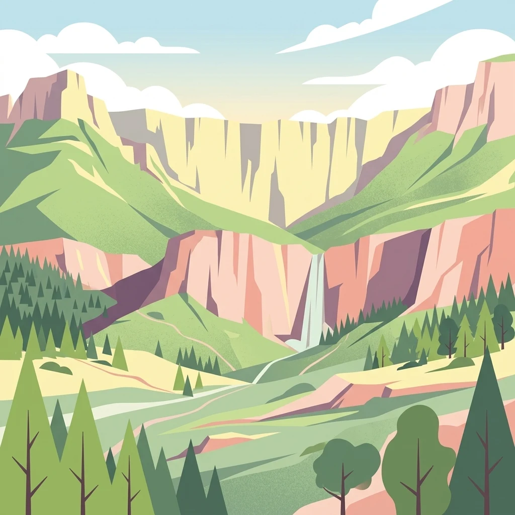 A flat-style digital illustration showing a mountainous valley landscape with steep, towering cliffs, a cascading waterfall, and a forested valley floor under a bright, sunny sky with soft clouds.