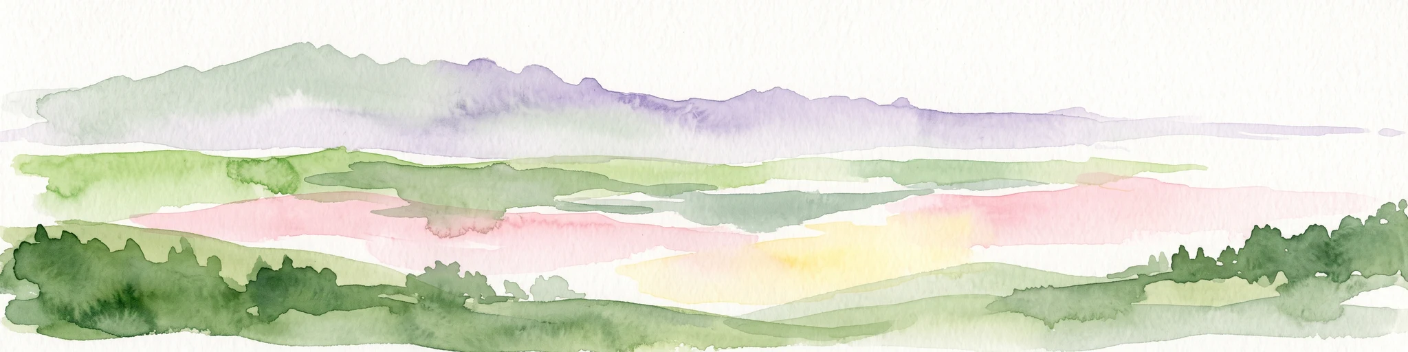Watercolor painting of a mountain landscape with green foreground hills and soft purple mountain ranges in the background.
