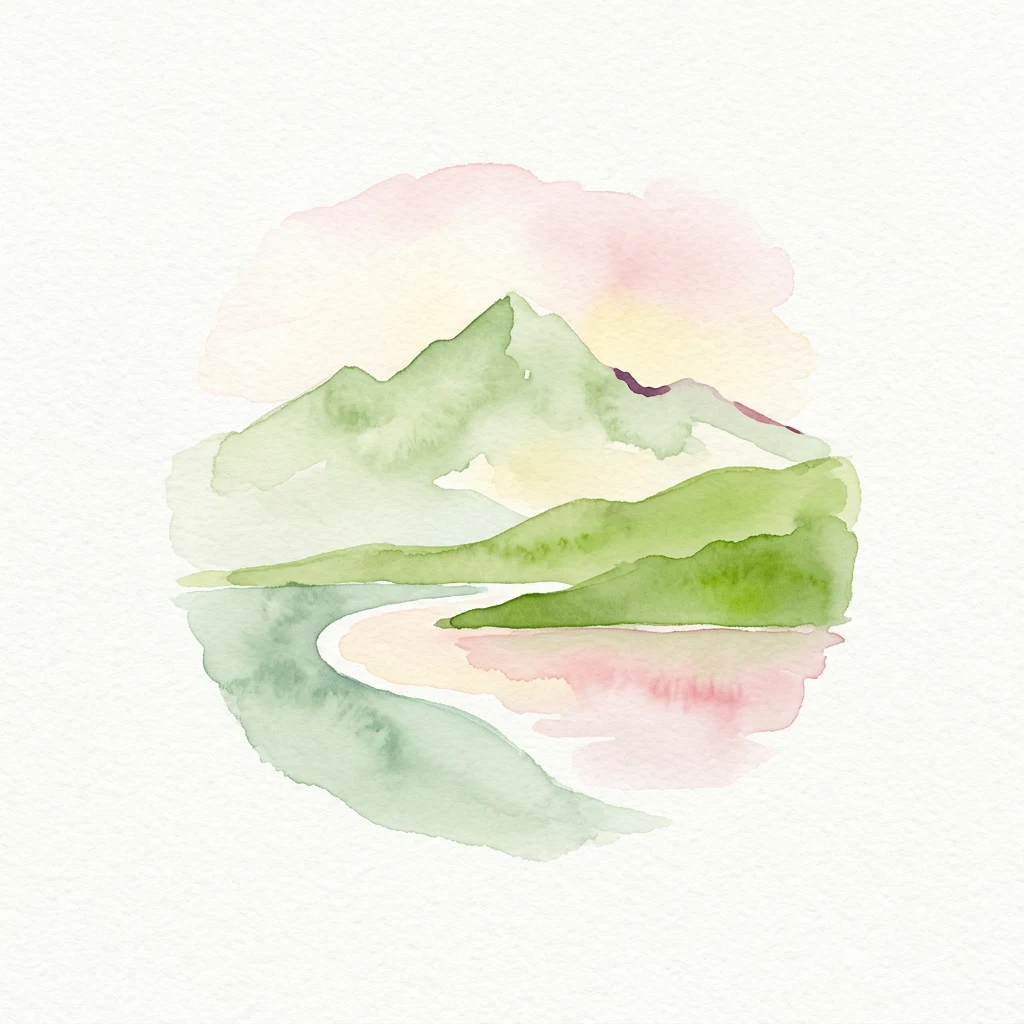 Watercolor painting of green mountains reflecting in a calm lake under a soft pink and yellow sky