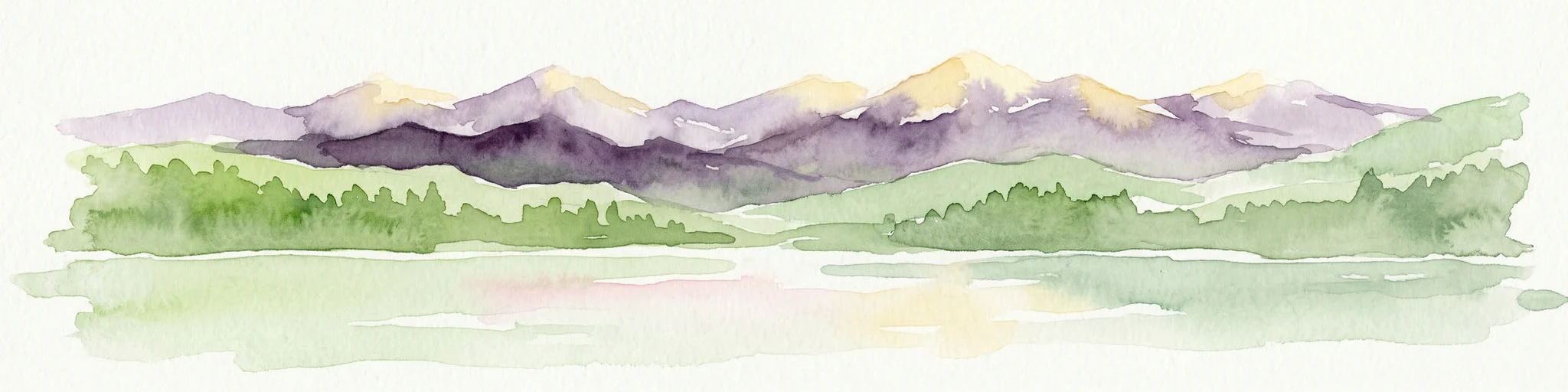 Ilustración acuarela de una cordillera con colinas verdes y un lago en primer plano