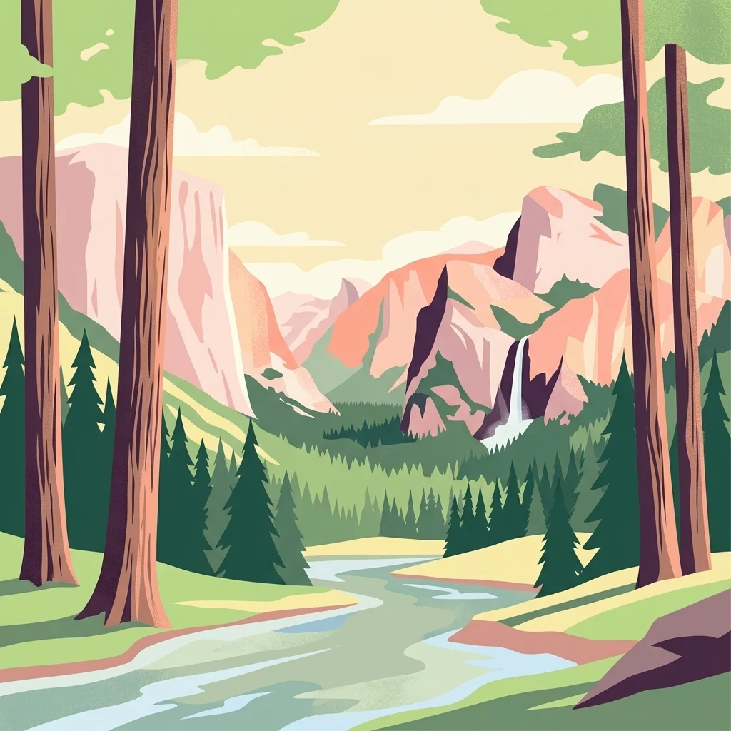 A digital illustration of a mountainous valley landscape with a river in the foreground, coniferous trees, and tall granite cliffs including a waterfall in the background.