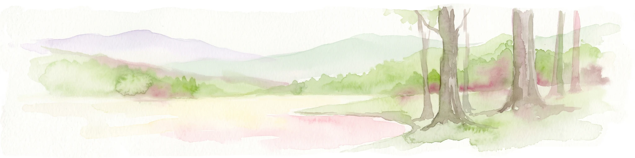 A horizontal watercolor painting showing a soft, impressionistic landscape with mature trees in the foreground, rolling green hills in the midground, and faded purple mountain silhouettes in the distance against a white background.