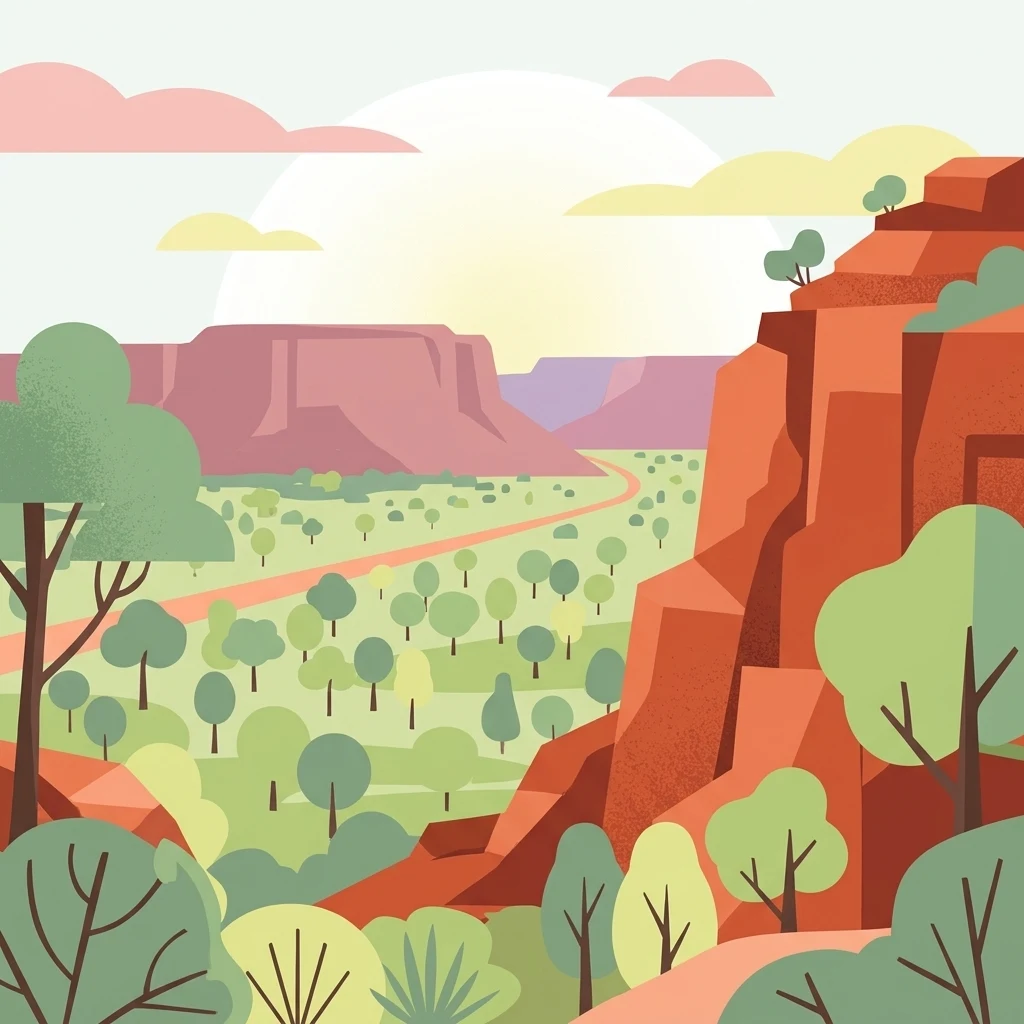 Ilustración estilizada de un paisaje desértico con acantilados de roca roja, árboles verdes y un camino sinuoso