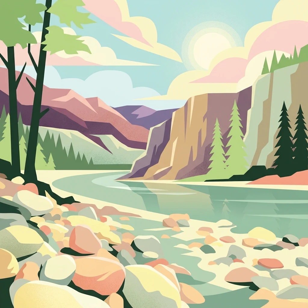 A stylized vector-style illustration of a river flowing through a canyon with rocky riverbanks, evergreen trees, and soft-colored clouds in the sky.
