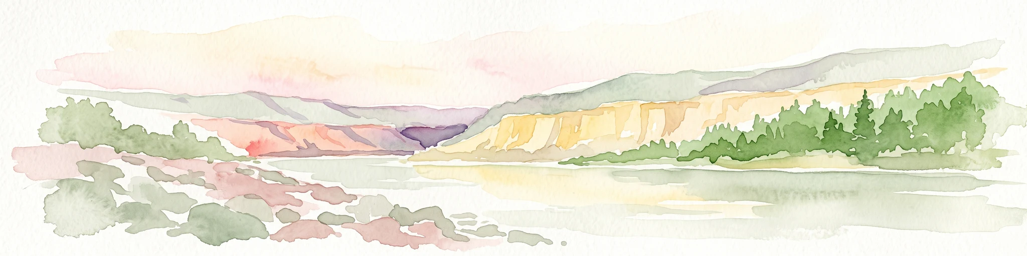 A watercolor illustration showing a river winding through a valley with soft colored hills, a sandy bank in the foreground, and sparse trees along the shore.